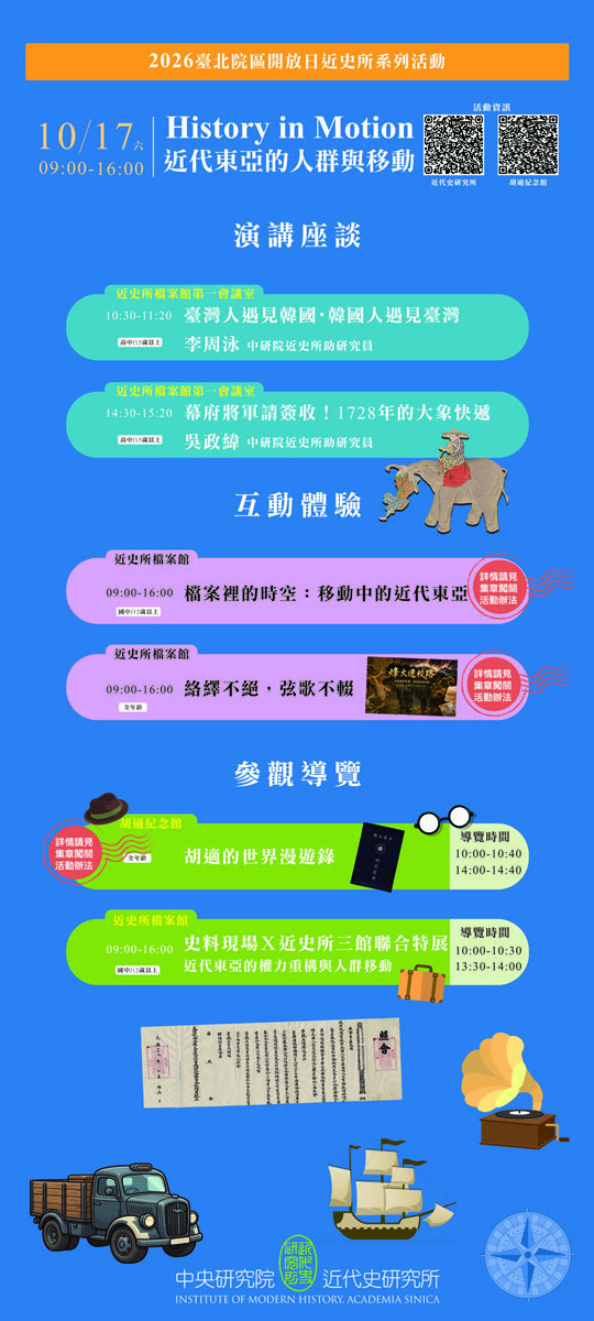 2026臺北院區開放日近史所系列活動「History in Motion：近代東亞的人群與移動」